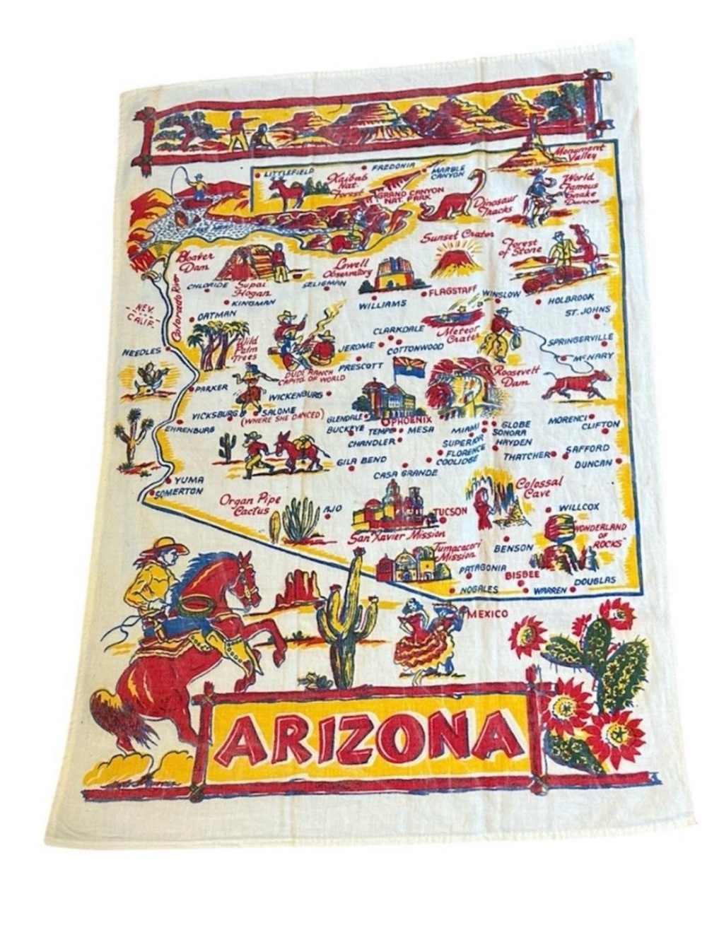Vintage 1960’s Arizona Souvenir Tea Towel with Southwestern Map